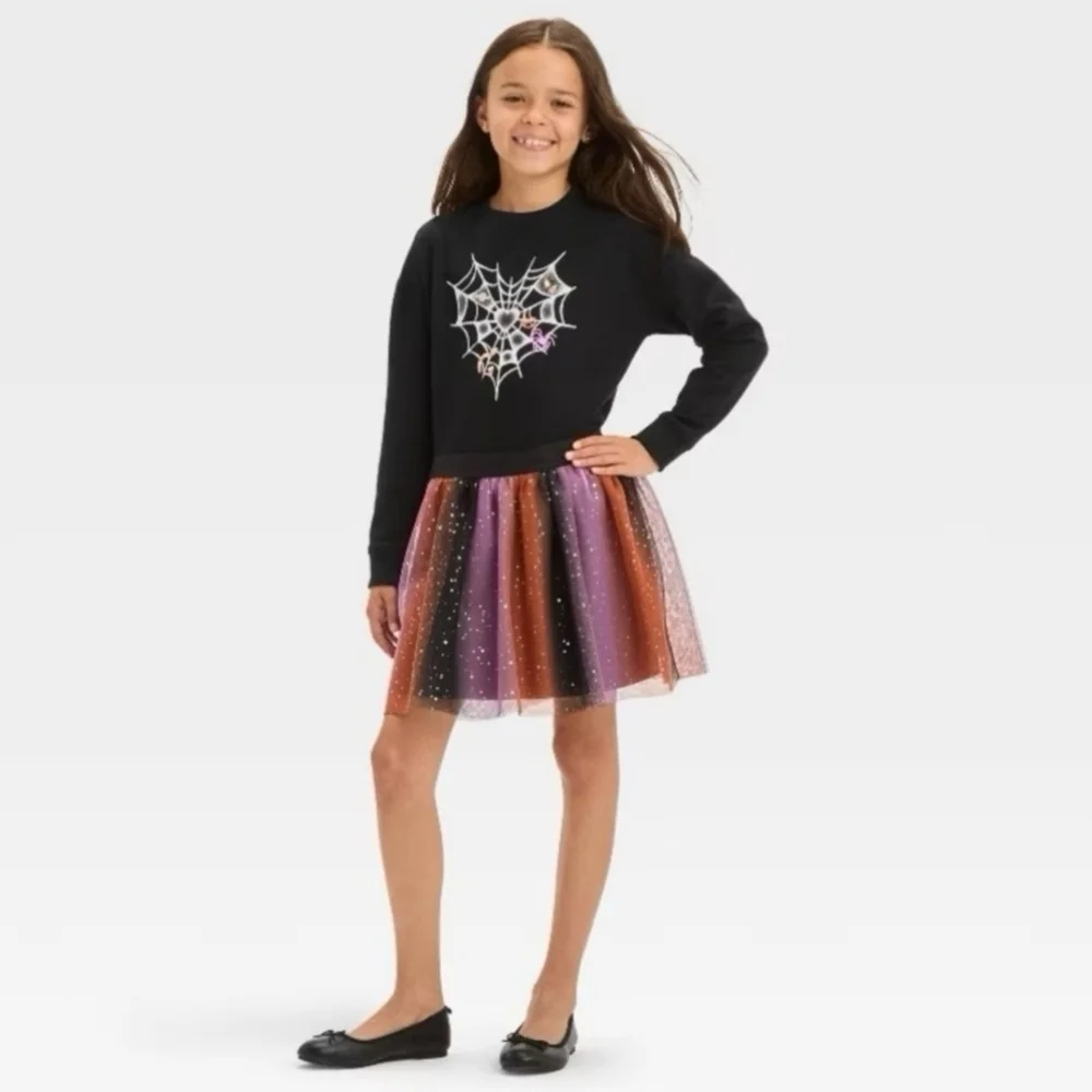 NWT Cat & Jack Black Heart Spiderweb Halloween Sweatshirt Girl's XL (14) New